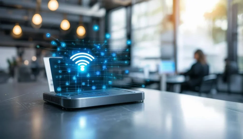 An image of a secure and separate guest WiFi network being set up in a professional business setting, with a focus on ensuring data security and netwo